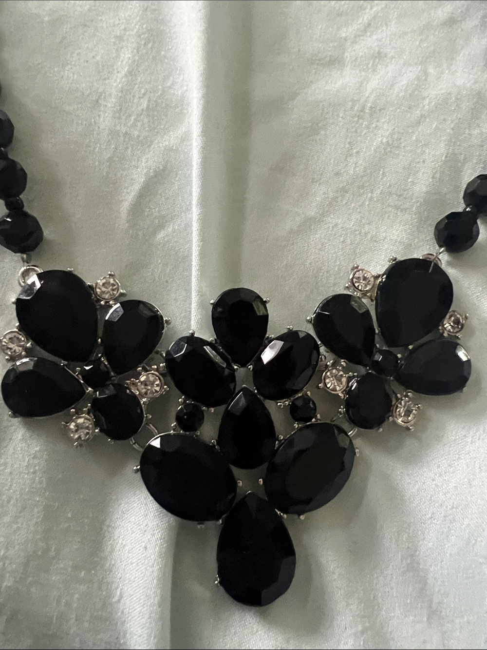 Vintage Jet Black Faceted Bead & Teardrop Crystal Cluster Bib Statement Necklace